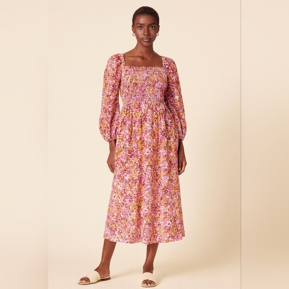 J. Crew Dresses & Skirts - J. Crew Smocked puff-sleeve dress in faded floral pink BD996 Women's Large